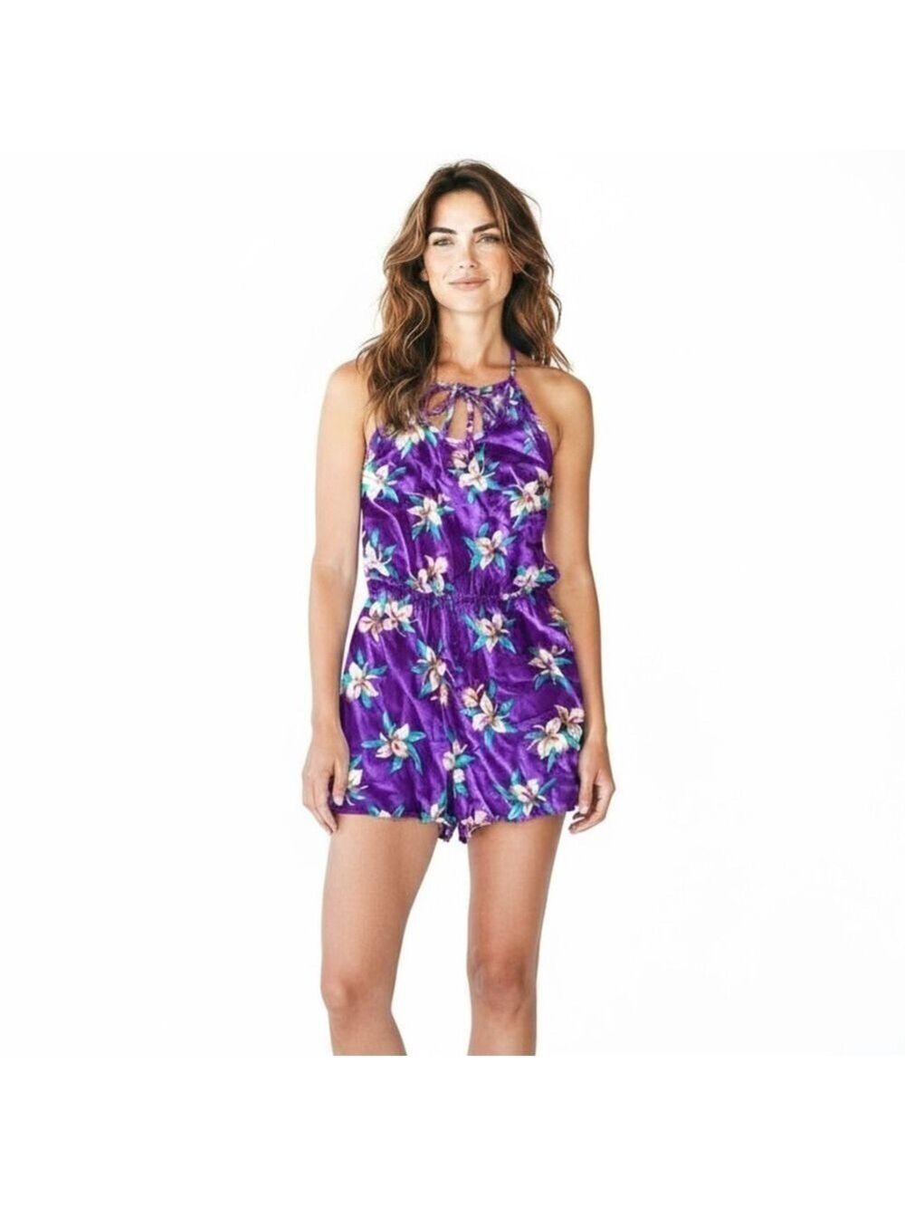 Vintage Laura Leslie California Purple Floral Romper Size L Retro Fit Runs Small